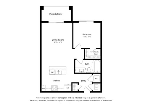 Floor plan for 1 bed, 1 bath, 802 sqft